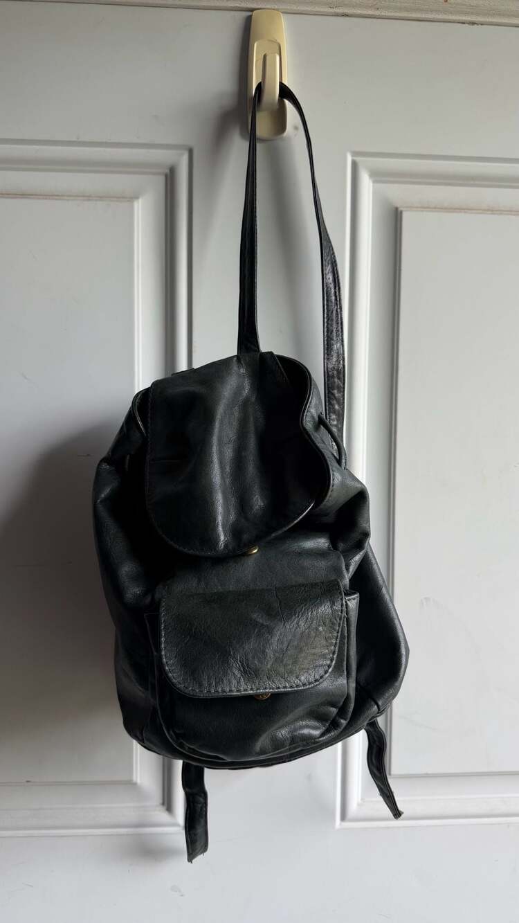 Vintage dark green Leather Small Drawstring Backpack Purse